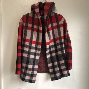 ANTHROPOLOGIE Field Flower hooded Wool Sweater Cardigan Plaid Jacket Red Black